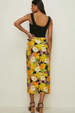 Online Oasis Graphic Floral Tie Wrap Midi Skirt Yellow