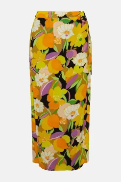 Online Oasis Graphic Floral Tie Wrap Midi Skirt Yellow