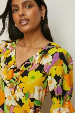 Fashion Oasis Graphic Floral Wrap Skater Dress Yellow