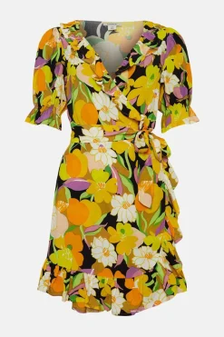 Fashion Oasis Graphic Floral Wrap Skater Dress Yellow