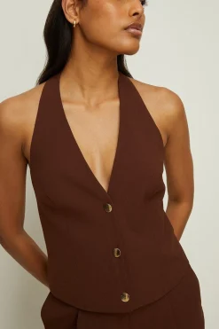 Fashion Oasis Halter Neck Tailored Top Brown