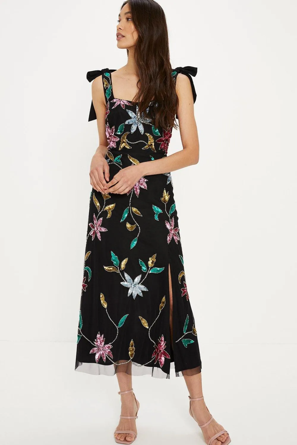 Online Oasis Hand Embellished Large Floral Bow Shoulder Midi Dress Black