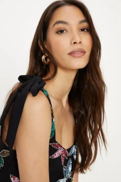 Online Oasis Hand Embellished Large Floral Bow Shoulder Midi Dress Black