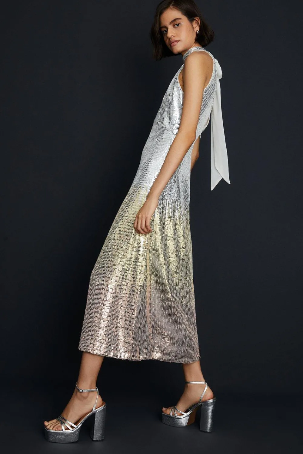 Best Oasis Hand Embellished Ombre Sequin Halter Midi Dress Gold