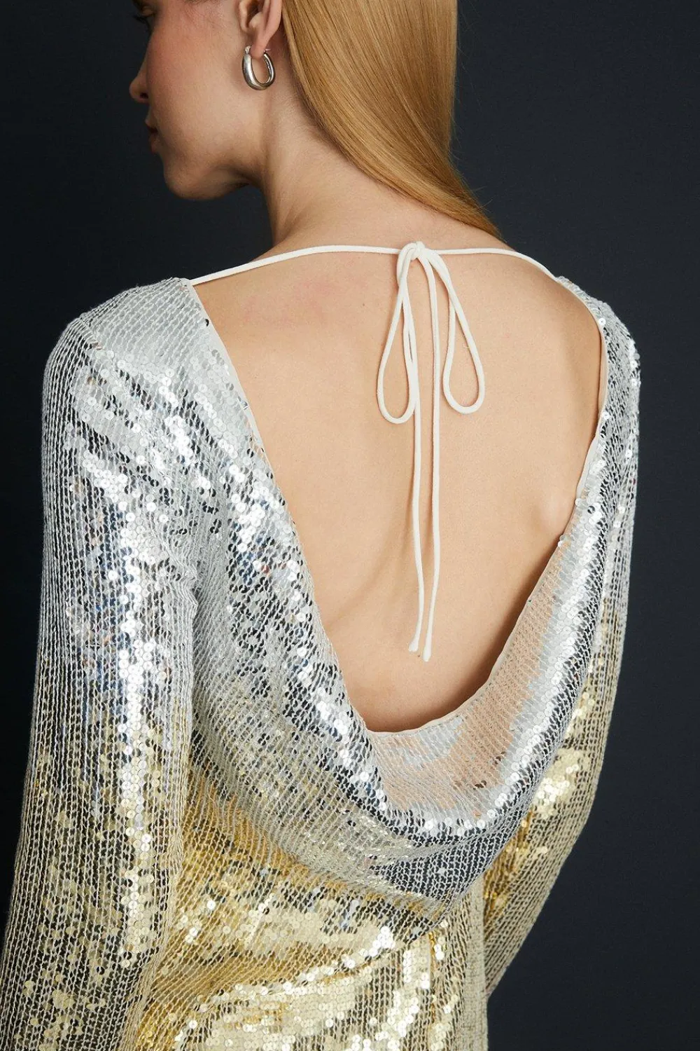 Clearance Oasis Hand Embellished Ombre Sequin Cowl Back Mini Shift Dress Gold