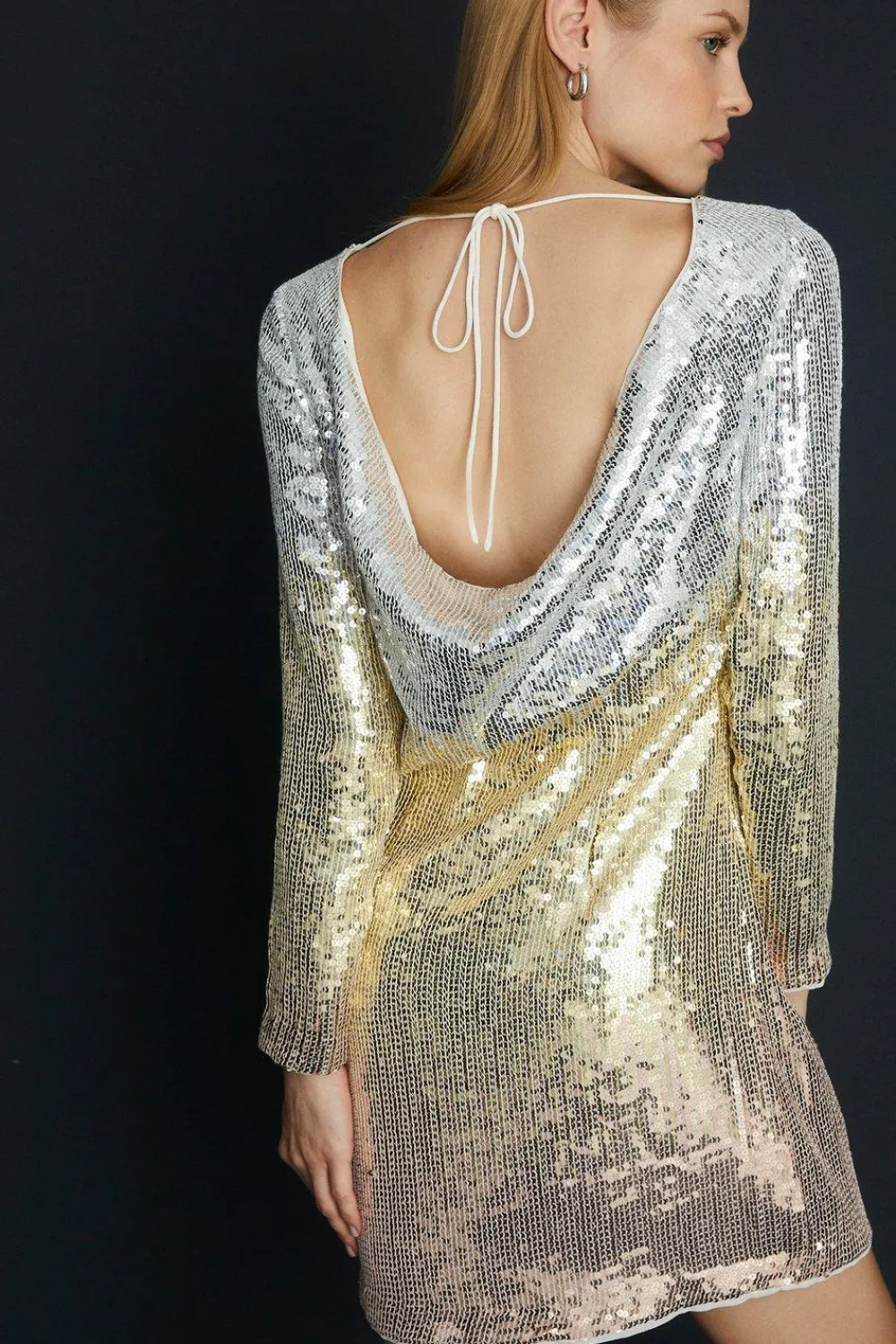 Clearance Oasis Hand Embellished Ombre Sequin Cowl Back Mini Shift Dress Gold