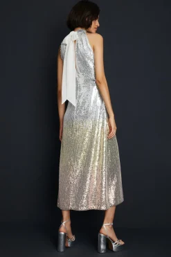 Best Oasis Hand Embellished Ombre Sequin Halter Midi Dress Gold