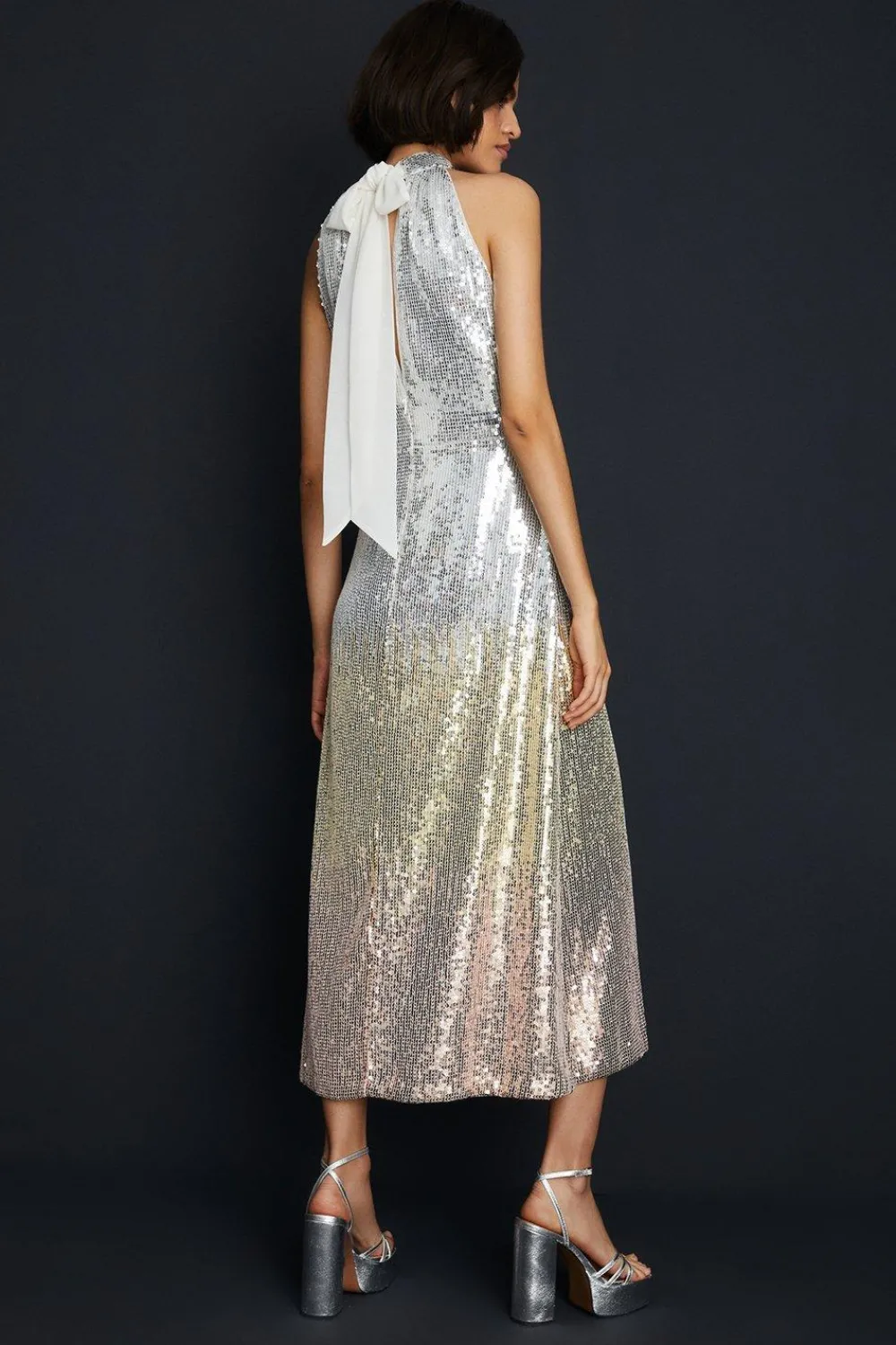 Best Oasis Hand Embellished Ombre Sequin Halter Midi Dress Gold