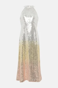 Best Oasis Hand Embellished Ombre Sequin Halter Midi Dress Gold