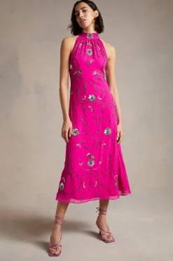 Discount Oasis Hand Embellished Sequin Halter Neck Midi Dress Bright Pink
