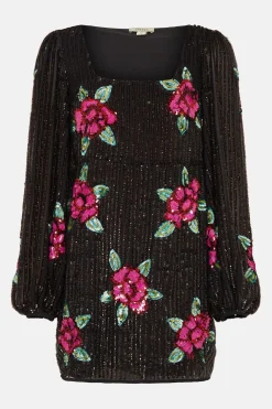 Clearance Oasis Hand Embellished Sequin Rose Mini Dress Black