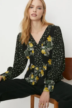 New Oasis Hawaiian Leaf Button Tea Blouse Black