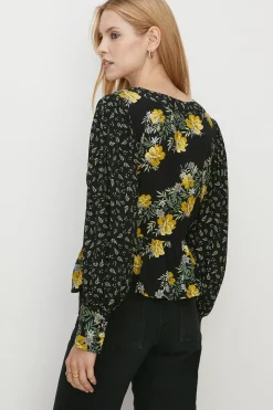 New Oasis Hawaiian Leaf Button Tea Blouse Black