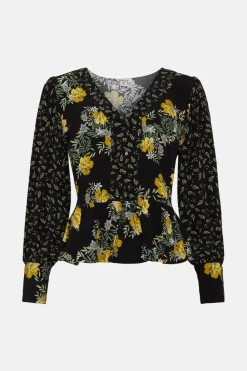 New Oasis Hawaiian Leaf Button Tea Blouse Black