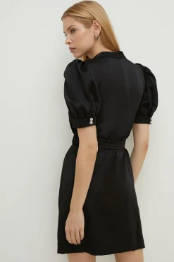 Fashion Oasis High Neck Satin Puff Sleeve Mini Dress Black