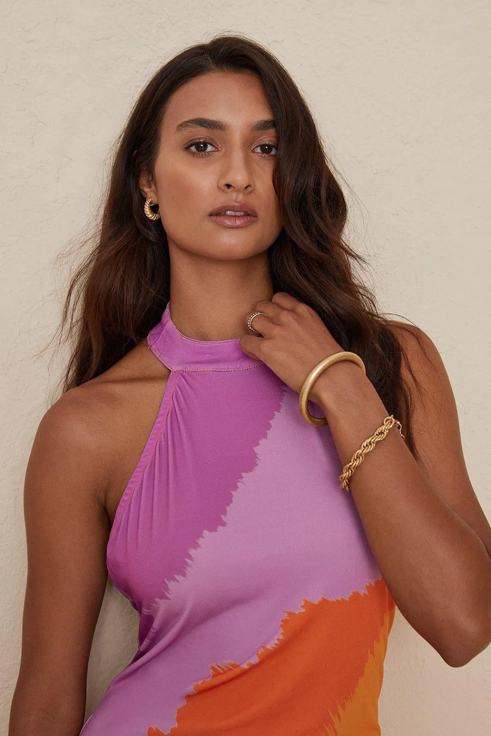 New Oasis High Neck Tie Dye Stripe Midi Dress Orange