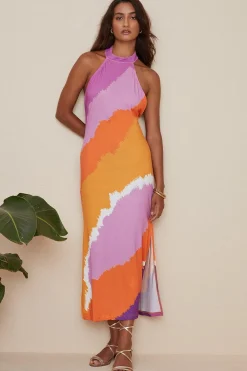 New Oasis High Neck Tie Dye Stripe Midi Dress Orange