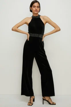 Sale Oasis Hotfix Velvet Halter Jumpsuit Black