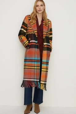 Discount Oasis Italian Wool Mix Check Fringed Longline Coat Multi