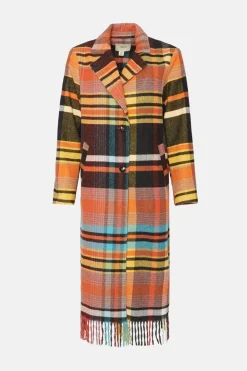 Discount Oasis Italian Wool Mix Check Fringed Longline Coat Multi