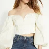 Fashion Oasis Jacquard Bardot Puff Sleeve Crop Top Ivory