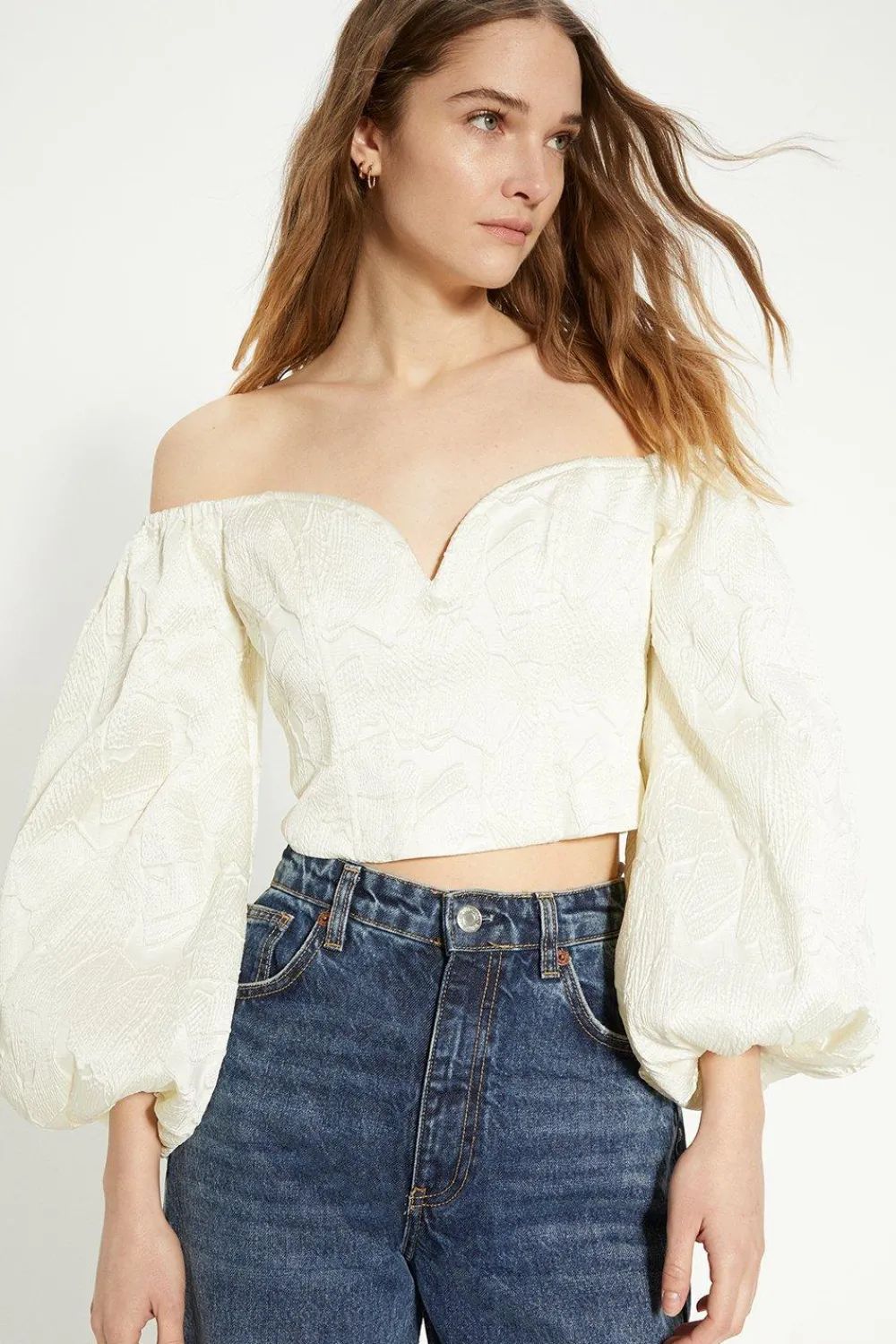 Fashion Oasis Jacquard Bardot Puff Sleeve Crop Top Ivory