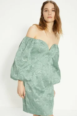 Fashion Oasis Jacquard Bardot Puff Sleeve Mini Dress Sage