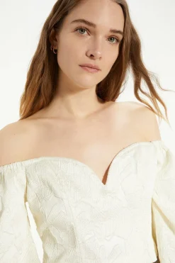 Fashion Oasis Jacquard Bardot Puff Sleeve Crop Top Ivory