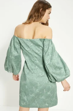 Fashion Oasis Jacquard Bardot Puff Sleeve Mini Dress Sage