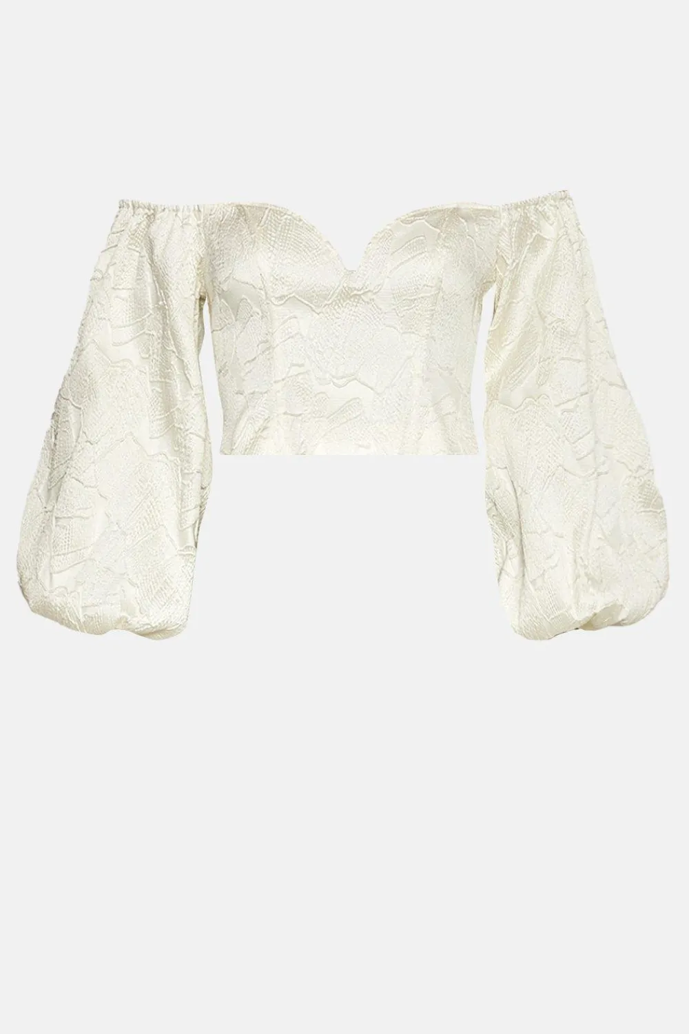 Fashion Oasis Jacquard Bardot Puff Sleeve Crop Top Ivory