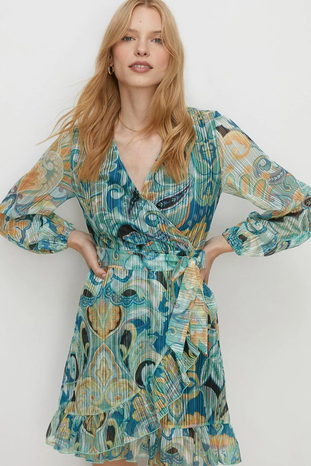 Sale Oasis Jacquard Plisse Mock Wrap Mini Dress Blue