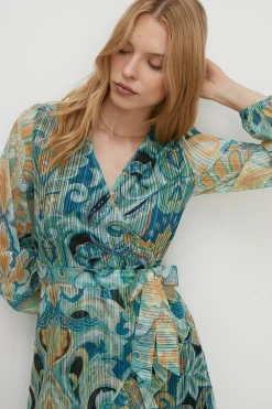Sale Oasis Jacquard Plisse Mock Wrap Mini Dress Blue