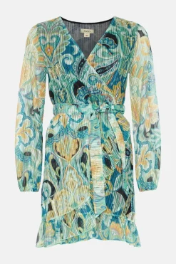 Sale Oasis Jacquard Plisse Mock Wrap Mini Dress Blue