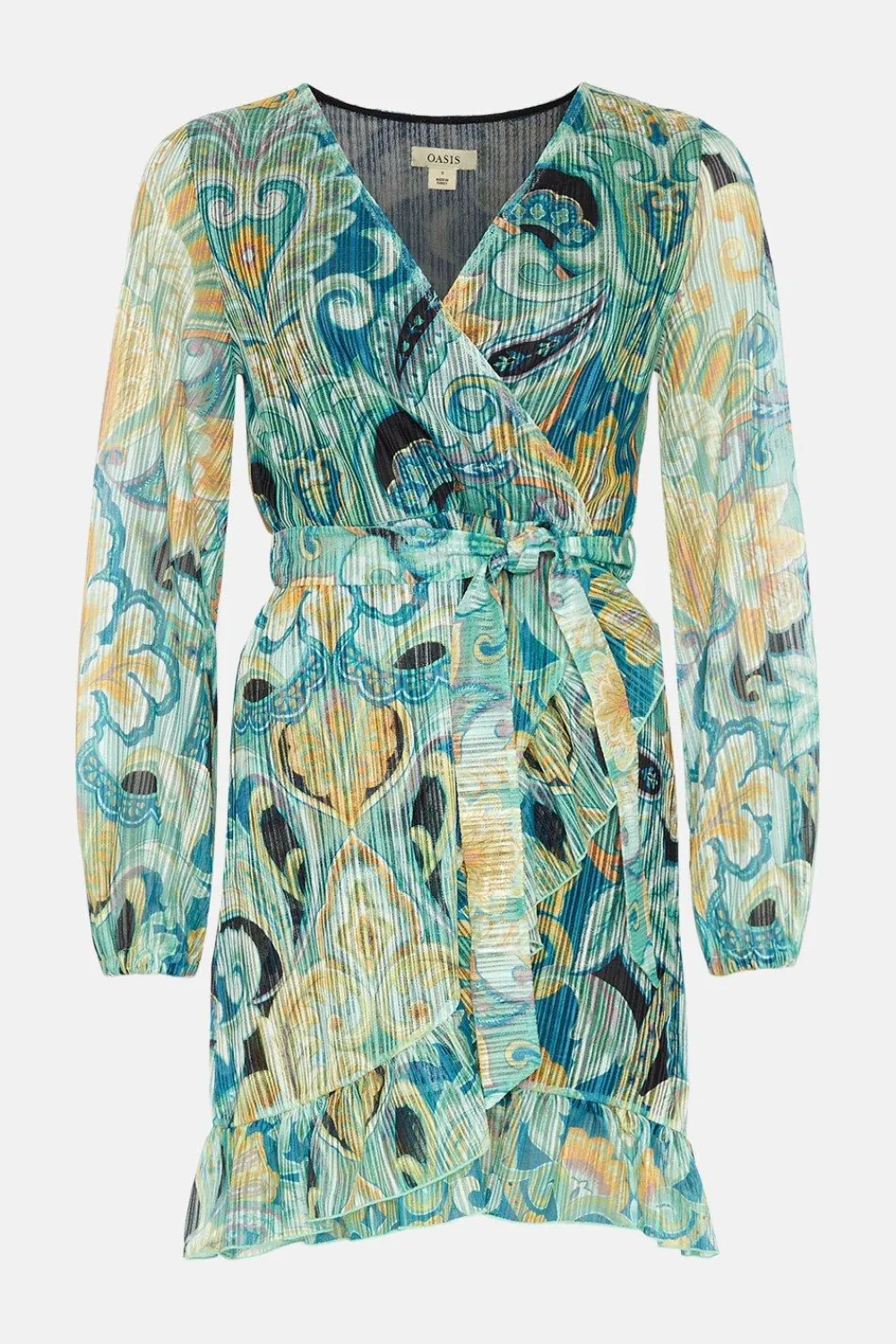 Sale Oasis Jacquard Plisse Mock Wrap Mini Dress Blue