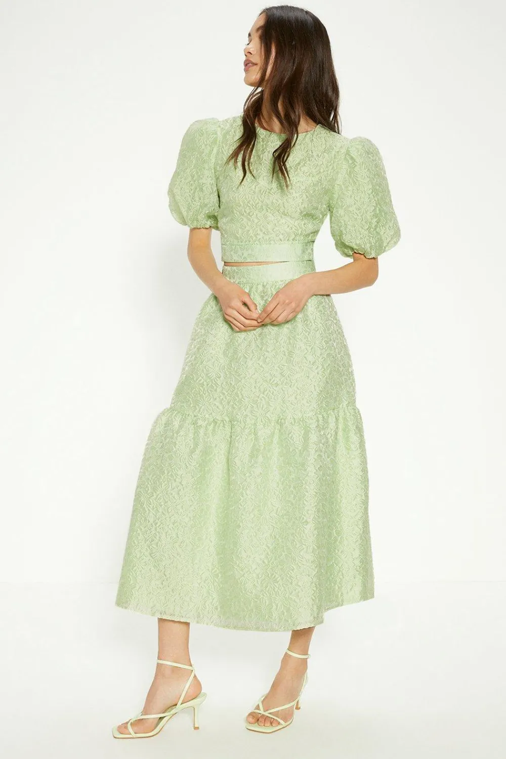 Sale Oasis Jacquard Puff Sleeve Bow Back Top Green
