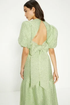 Sale Oasis Jacquard Puff Sleeve Bow Back Top Green