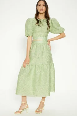 Hot Oasis Jacquard Tiered Midi Skirt Green