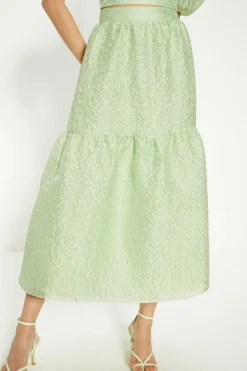 Hot Oasis Jacquard Tiered Midi Skirt Green
