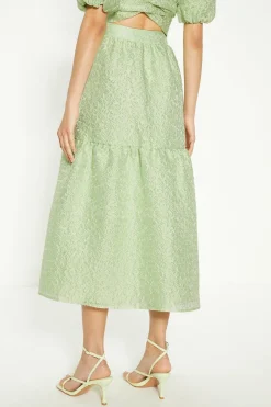 Hot Oasis Jacquard Tiered Midi Skirt Green