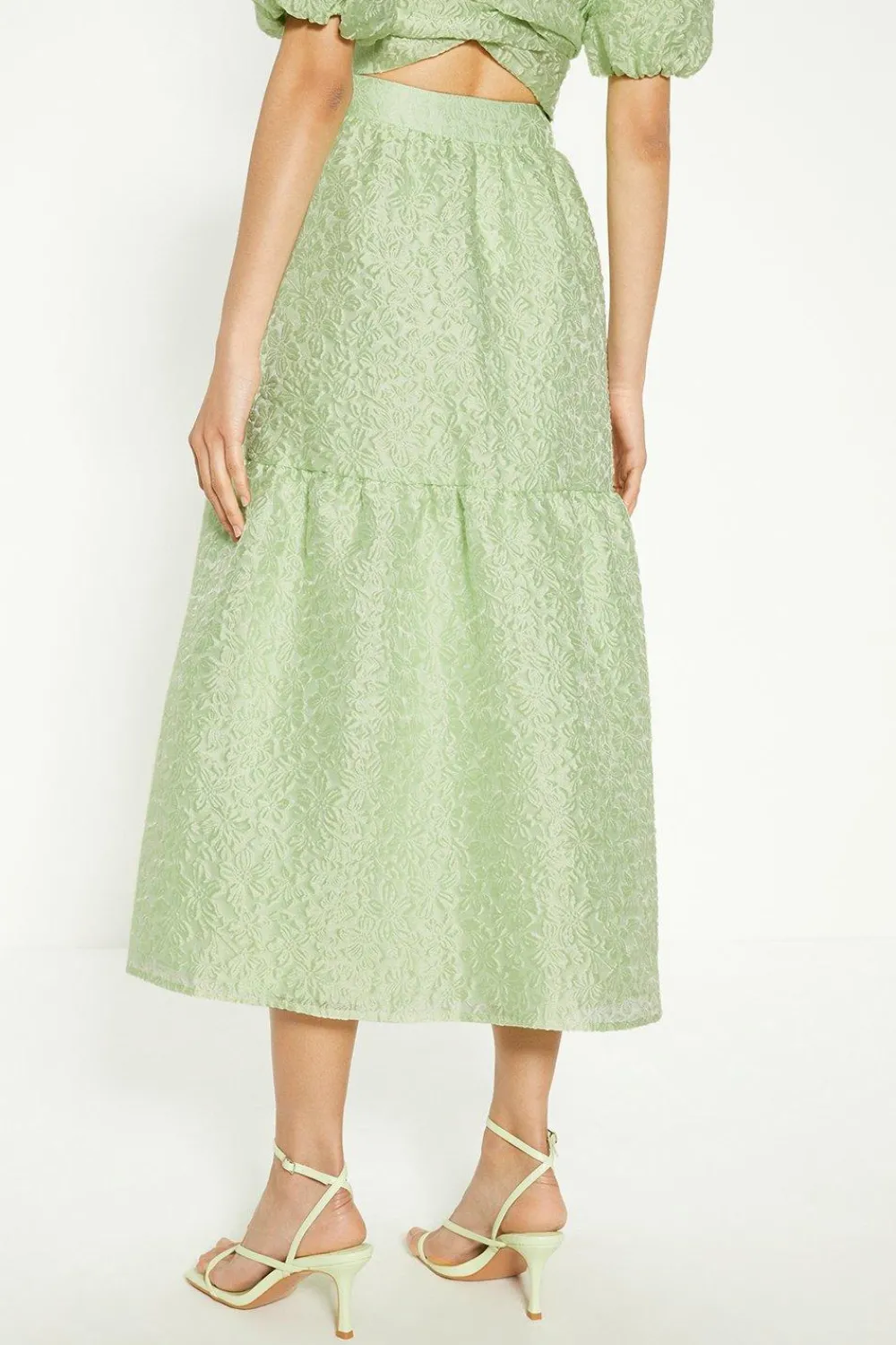 Hot Oasis Jacquard Tiered Midi Skirt Green