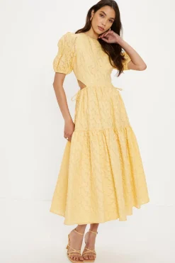 Outlet Oasis Jacquard Tired Hem Cut-Out Puff Sleeve Midi Dress Mustard