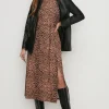 Clearance Oasis Jersey Animal Funnel Neck Belted Midi Dress Brown