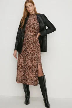 Clearance Oasis Jersey Animal Funnel Neck Belted Midi Dress Brown