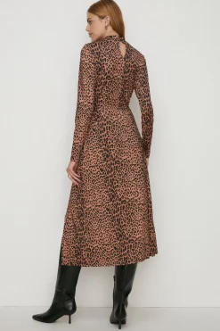Clearance Oasis Jersey Animal Funnel Neck Belted Midi Dress Brown