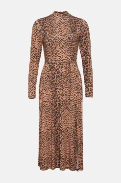 Clearance Oasis Jersey Animal Funnel Neck Belted Midi Dress Brown