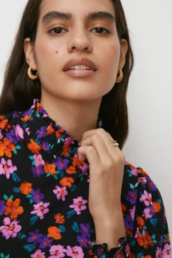 Online Oasis Jersey Floral Shirred Neck And Cuff Top Black