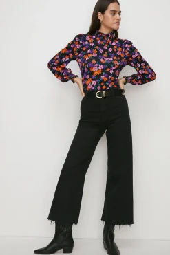 Online Oasis Jersey Floral Shirred Neck And Cuff Top Black