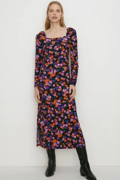 Best Oasis Jersey Floral Square Neck Midi Dress Black