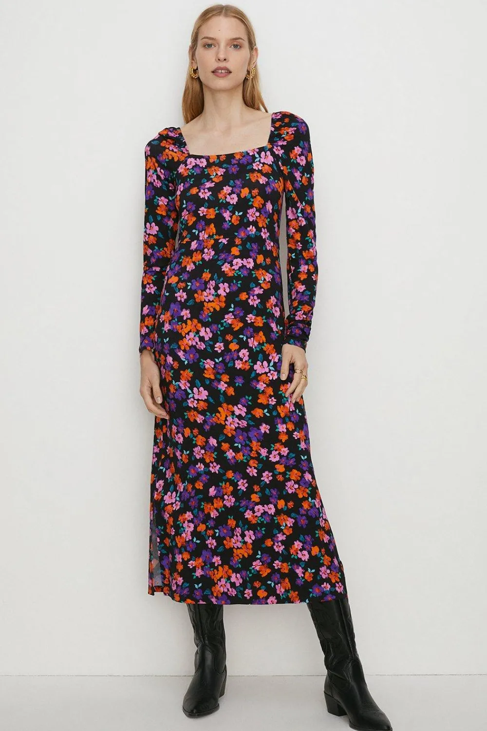 Best Oasis Jersey Floral Square Neck Midi Dress Black