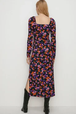 Best Oasis Jersey Floral Square Neck Midi Dress Black